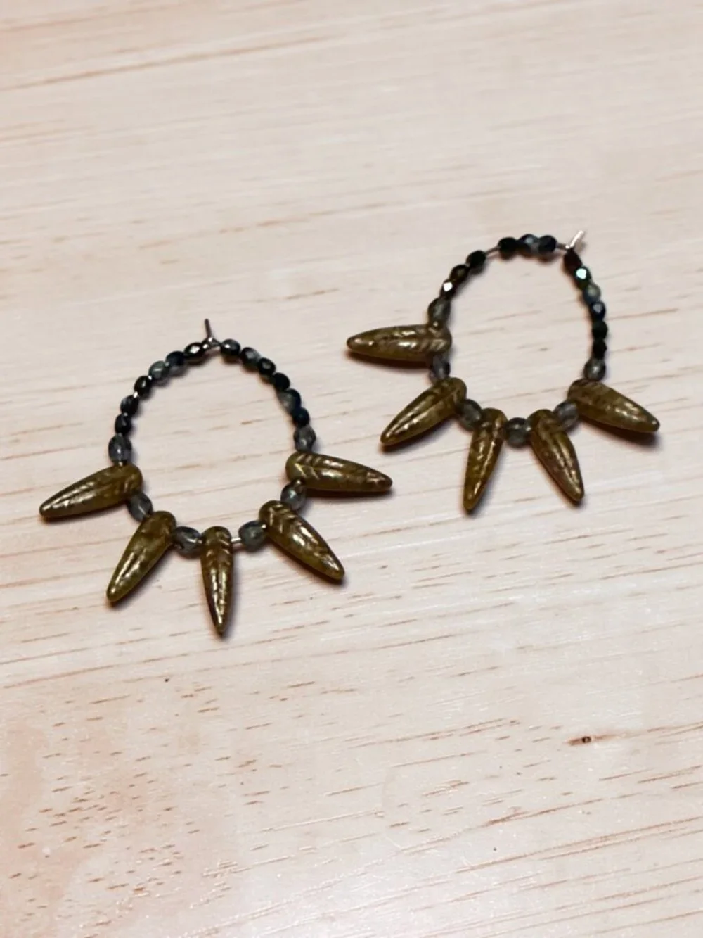 Boho Czech Glass Hoop Earrings Rustic Bronze Dagger Beads Blue Artisan
